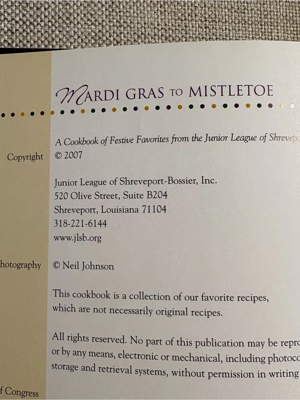 Mardi Gras to Mistletoe Junior League Hardcover Cajun Cookbook 2007